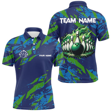 FUNSTUFFPRINT Blue and Green camo Bowling Polo Shirt for Men Custom Flame Bowling ball pins Team Bowler Polo Shirt Size S-5XL