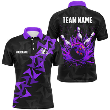 FUNSTUFFPRINT Black and Purple Flame Camo bowling Polo, for men custom bowling Polo Shirt Size S-5XL