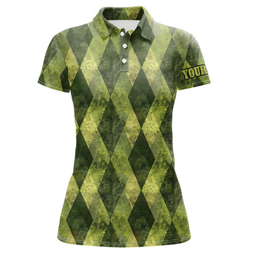 Custom Green Argyle Grunge Pattern Women Golf Polo Shirts Custom Ladies Golf Tops, Golfing Gifts