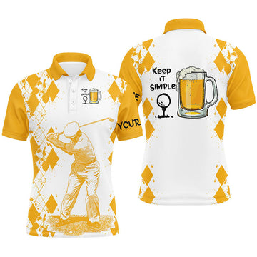 Custom Beer Golf Men Polo Shirt - White Yellow Custom Name Apparel - Personalized Gift For Golf Lover, Men, Dad, Team, Husband, Boyfriend - Keep It Simple