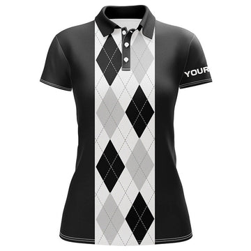 Custom Black Argyle Plaid Pattern Womens Golf Polo Shirt Custom Golf Polos Shirt For Womens, Golfing Gifts