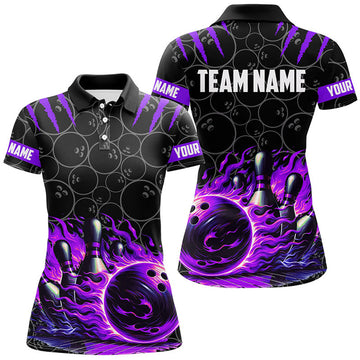 Custom Bowling Polo For Women Custom Black Purple Flame Bowling Shirt, Team Bowling Jersey