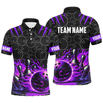 Custom Bowling Polo, For Men Custom Black Purple Flame Bowling Shirt, Team Bowling Jerseys