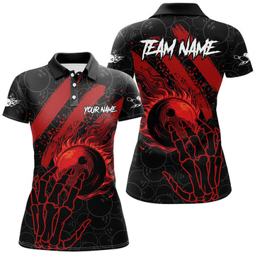 Custom Black And Red Flame Camo Bowling Polo For Women Custom Reaper Bowling Team Jerseys