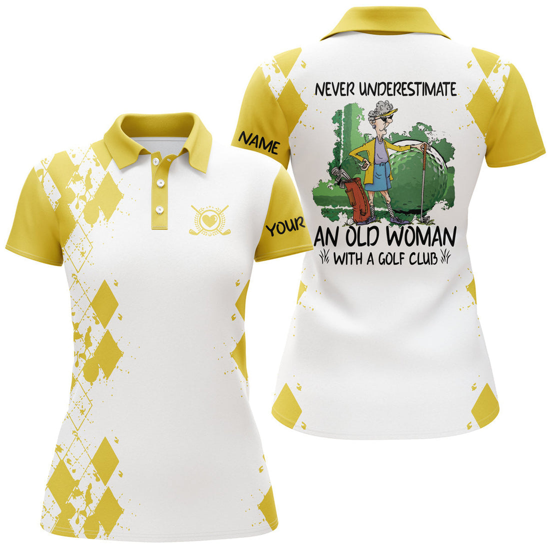 Custom Name 3d Women Golf Polo Shirts Multi color Never Underestimate An Old Woman With A Golf Club