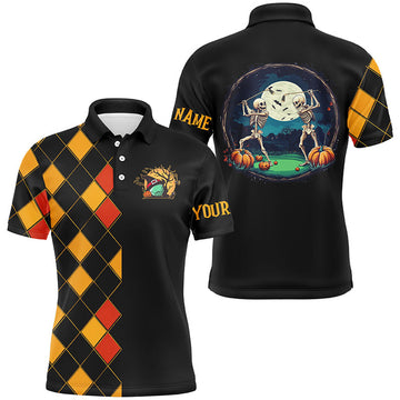 FUNSTUFFPRINT Funny Mens golf polo shirts custom black and orange argyle pattern Halloween skull golf tops Polo Shirt Size S-5XL