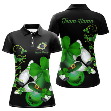 Custom Green Shamrock Lucky Women Bowling Polo Shirt Custom St Patrick Day Black Team League Bowling Jerseys