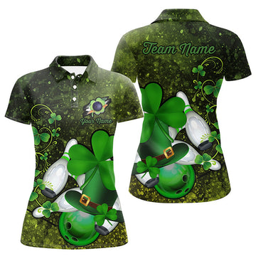 Custom Green Grunge Shamrock Lucky Women Bowling Polo Shirt Custom St Patrick Day Team League Bowling Jerseys