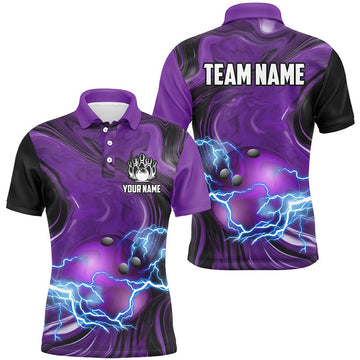 FUNSTUFFPRINT Purple Camo lightning thunder ball bowling Polo Shirt Size S-5XL