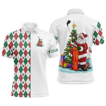 Custom Golf Men Polo Shirt - Funny Santa Golfer Christmas Golf Ball Pattern Custom Name Apparel - Personalized Gift For Golf Lover, Team, Husband, Men