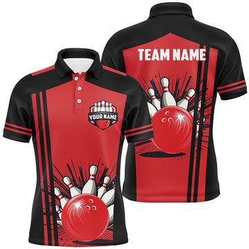 FUNSTUFFPRINT Personalized black and red retro Bowling Polo Shirt Size S-5XL