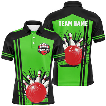 FUNSTUFFPRINT Personalized black and green retro Bowling Polo, For Men, Bowling Team Polo Shirt Size S-5XL