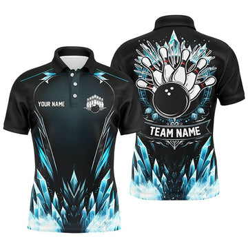 Custom Icy Blue Light Mens Polo Bowling Shirts Custom Black Team Bowling Jerseys For Men, Gifts For Bowlers
