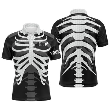 FUNSTUFFPRINT Black and white Mens golf polo shirts custom golf heartbeat Skeleton Halloween golf attire for men Polo Shirt Size S-5XL