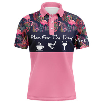 FUNSTUFFPRINT Mens golf polo shirt plan for the day coffee golf wine custom pink flamingo and palm leaves golf Polo Shirt Size S-5XL