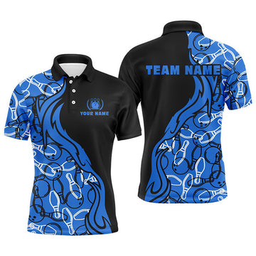 FUNSTUFFPRINT Black and blue pattern bowling polo shirts for men, custom team bowling Polo Shirt Size S-5XL