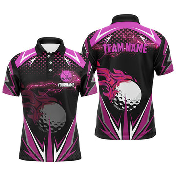 Custom Black Mens golf polo shirts custom pink fire lightning team golf jerseys, golf attire for men