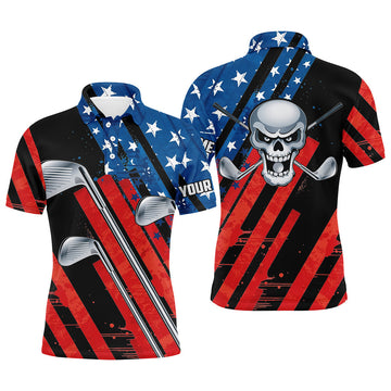 Custom Golf Men Polo Shirt - American Flag 4th July Skull Golf Clubs Custom Name Apparel - Personalized Gift For Golf Lover, Men, Patriot, Independence Day