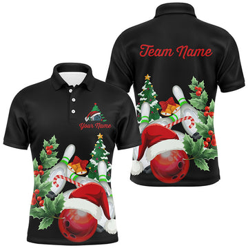 FUNSTUFFPRINT Christmas Bowling Shirts Custom Men Bowling Polo, black team league bowling Polo Shirt Size S-5XL