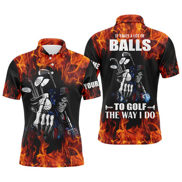 Custom Mens golf polo shirts custom name flame golf skull it takes a lot of ballsto golf the way I do
