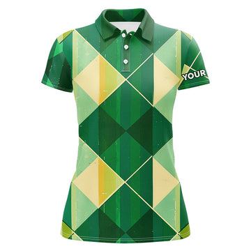 Custom Green Yellow Argyle Plaid Pattern Womens Golf Polo Shirts Custom Ladies Golf Shirts, Green Golf Tops
