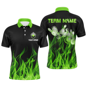 Personalized Men Polo Bowling Shirt Green Flame Bowling Ball And Pins Bowling Jerseys For Men Bowler