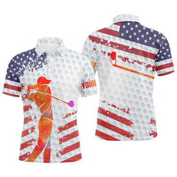 Custom Golf Men Polo Shirt - Custom Name American Flag White Golf Balls Skin Apparel - Personalized Gift For Golf Lover, Team, 4th July, Patriotic