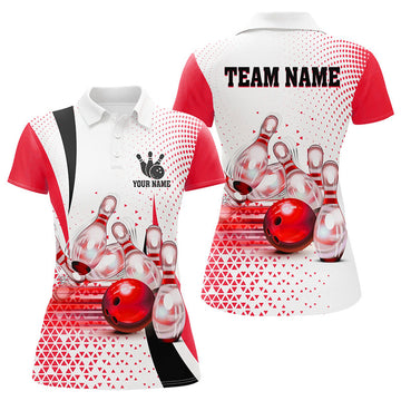 Custom Womens Bowling Polo Shirt Custom Bowling Ball Pins Bowling Team Shirts, Gifts For Bowlers | Red