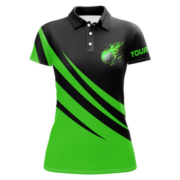Custom Black And Green Women Golf Polo Shirt Custom Flame Golf Ball Fire Ladies Golf Tops, Golfing Gifts