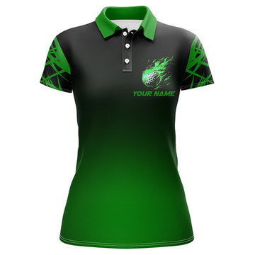 Custom Black And Green Gradient Golf Fire Custom Womens Golf Polo Shirts, Team Ladies Golf Tops