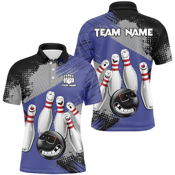FUNSTUFFPRINT lue Retro Bowling Shirt For Men Custom Funny Bowling Polo Shirt Size S-5XL