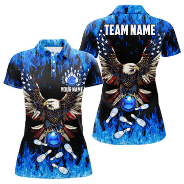 Custom Blue Flame Women Bowling Polo Shirts Custom American Flag Eagle Team Bowling Shirt, Gift For Bowlers