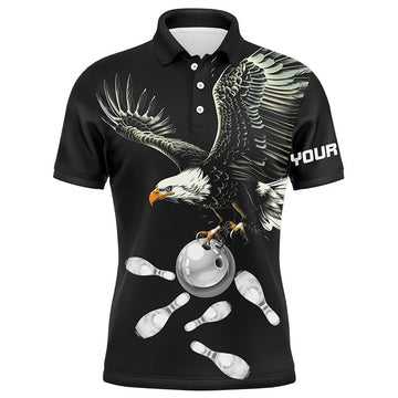 FUNSTUFFPRINT Black and white Mens bowling polo shirts Custom Eagle Team bowling shirts, gift for bowlers Polo Shirt Size S-5XL