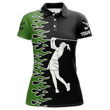 Custom Black And Green Flame Custom Women Golf Polo Shirts, Ladies Golf Outfits Gifts For Golf Lovers