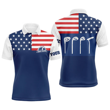 Custom Golf Men Polo Shirt - Custom Name Golf Club American Flag Patriot Blue Apparel - Personalized Gift For Golf Lover, Male, Husband, Team Golf
