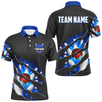 FUNSTUFFPRINT Black and Blue Scratch Bowling Polo, Custom name Team Bowling Polo Shirt Size S-5XL