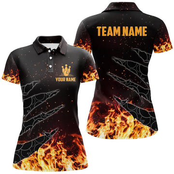Custom Bowling Polo Shirts For Women Custom Flame Camo Bowling Team Jerseys, Gifts For Bowlers