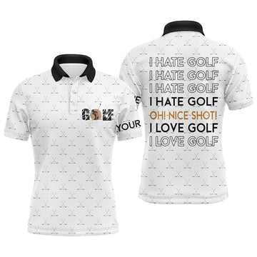 FUNSTUFFPRINT Funny Men golf polo shirts I hate golf nice shot I love golf custom white pattern golf Polo Shirt Size S-5XL