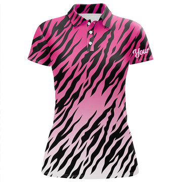 Custom Pink Tiger Stripes Pattern Womens Golf Polo Shirts Custom Golf Apparel For Ladies, Best Golf Gifts