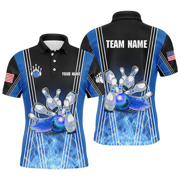 Custom Blue Flame Bowling Polo Shirts For Men Custom Team Bowling Jerseys For Men, Gift For Bowlers