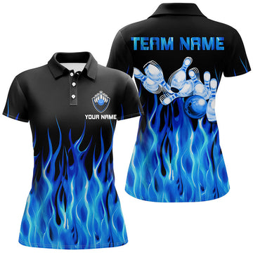 Custom Blue Flame Womens Bowling Polo Shirt Black Bowling Jerseys Personalized Bowling Team Shirts