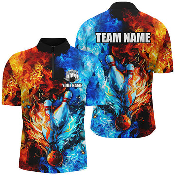 Custom Bowling And Pins Blue And Orange Two Sides Flame Customized Name, Team Name 3D Zipper Polo Shirt For Men