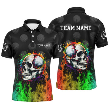 FUNSTUFFPRINT Personalized Mens golf polos shirts custom rainbow flame skull fire black golf apparel for men Polo Shirt Size S-5XL