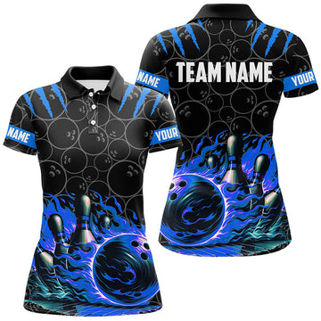 Custom Women Bowling Polo Shirts Custom Black Blue Flame Bowling Shirt, Bowling Team Jerseys Gift For Bowlers