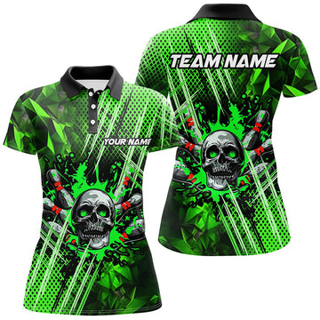 Custom Green Bowling Pattern Skull Women Bowling Polo Custom Bowling Team League Jerseys