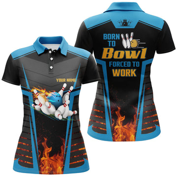 Custom Women's Bowling Polo Shirts Custom Name Born To Bowl Forced To Work, Flame Bowlers Jersey | Blue