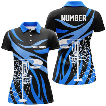 Custom Womens Golf Polo Shirt Custom Black And Blue Disc Golf Basket, Personalized Disc Golf Shirts
