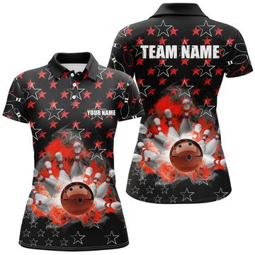 Custom Black And Red Bowling Stars Pattern Custom Women Bowling Polo, Team Bowling Jerseys