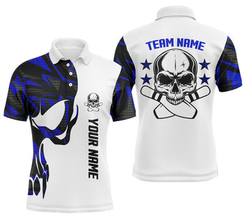 Custom Blue and white Bowling polo shirts for men custom name and team name Skull Bowling, team bowling shirt