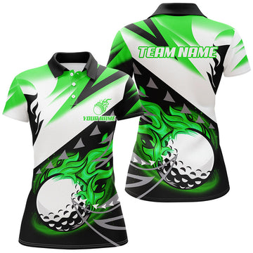 Custom Black And White Women Golf Polo Shirt Custom Flame Golf Ball Golf Apparel For Ladies, Golf Gift| Green